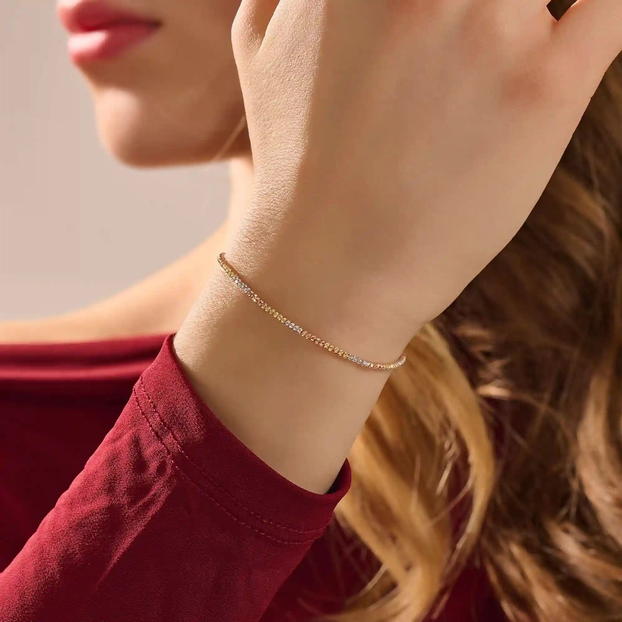 14k solid gold minimalist chain bracelet with mixed metal of rose, yellow, and white gold beads for women