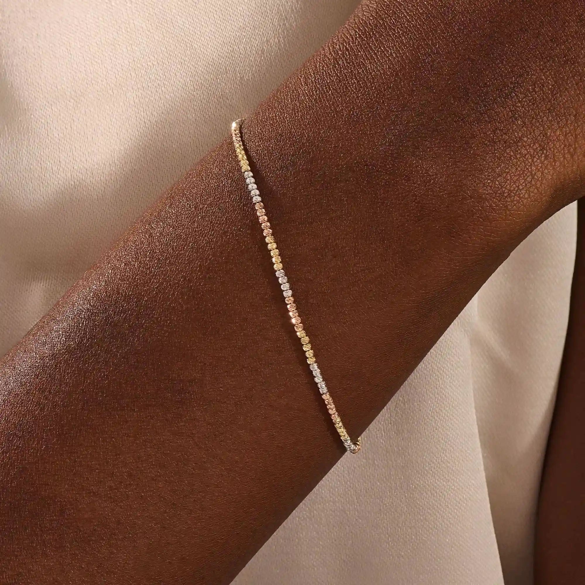 14k solid gold minimalist chain bracelet with mixed metal of rose, yellow, and white gold beads for women