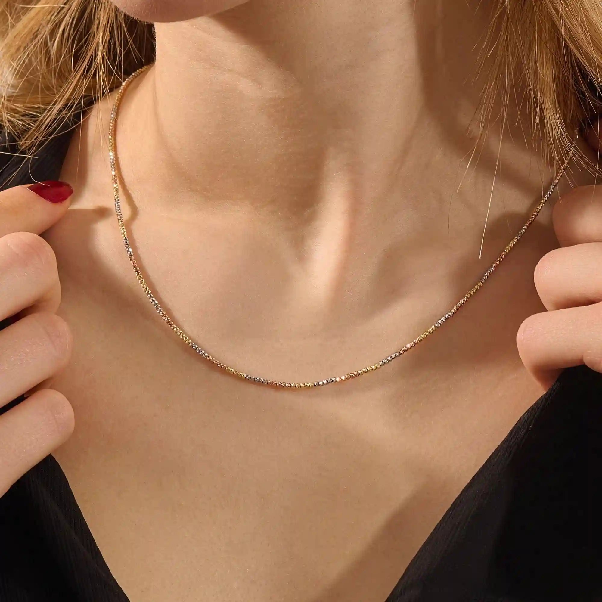14k solid rose white yellow gold beaded chain necklace for women