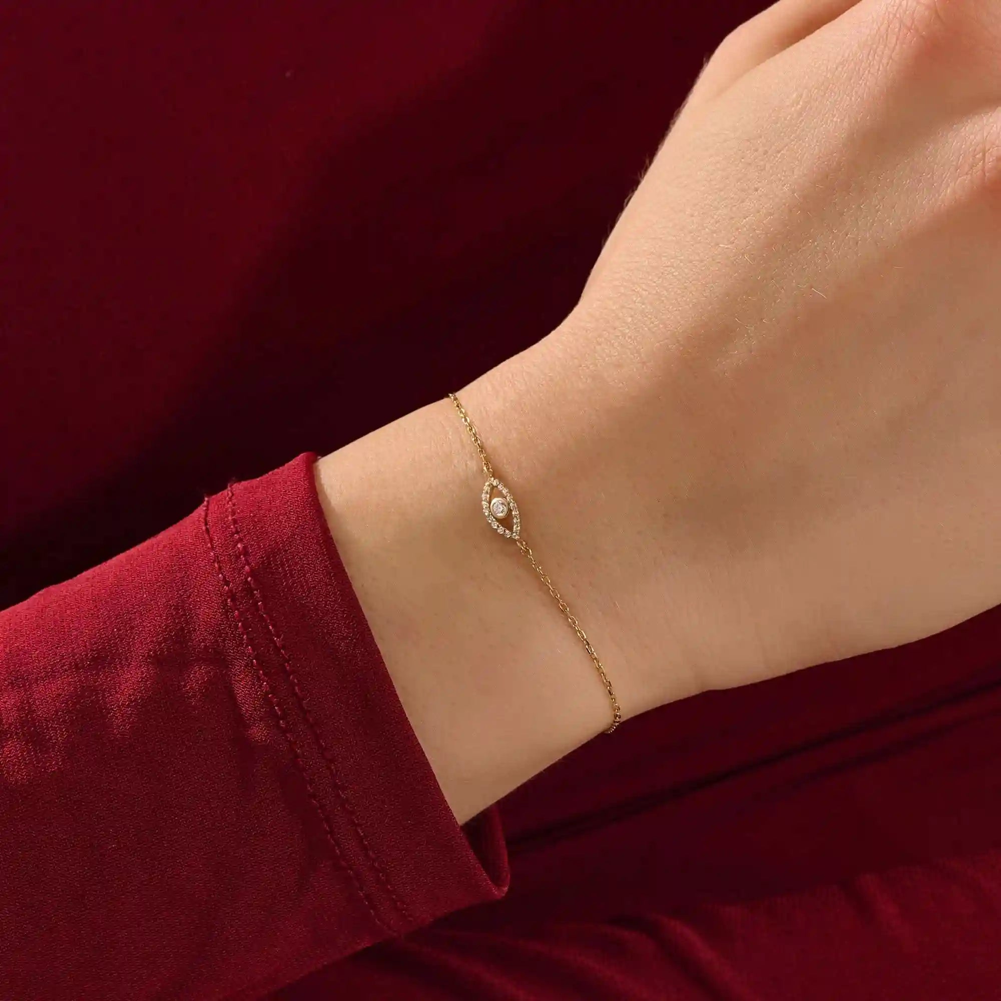 14k solid gold pave tiny moissanite stones evil eye bracelet for women