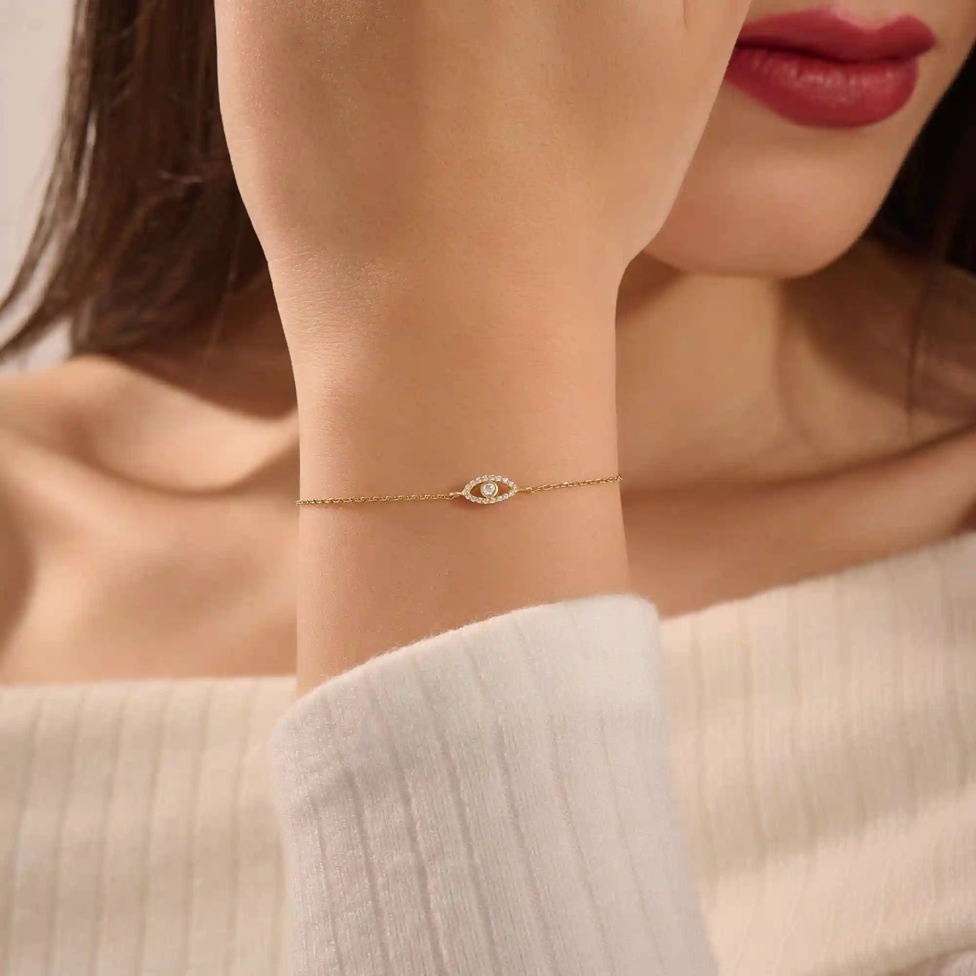 14k solid gold pave tiny moissanite stones evil eye bracelet for women