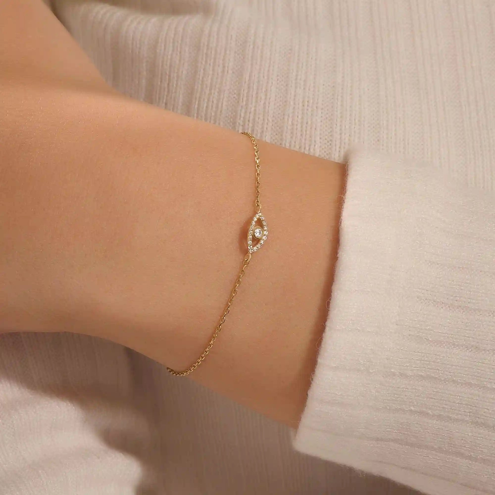 14k solid gold pave tiny moissanite stones evil eye bracelet for women