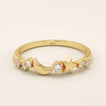 14k solid gold crescent moon and star tiny moissanite stacking wedding ring for women