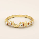 14k solid gold crescent moon and star tiny moissanite stacking wedding ring for women
