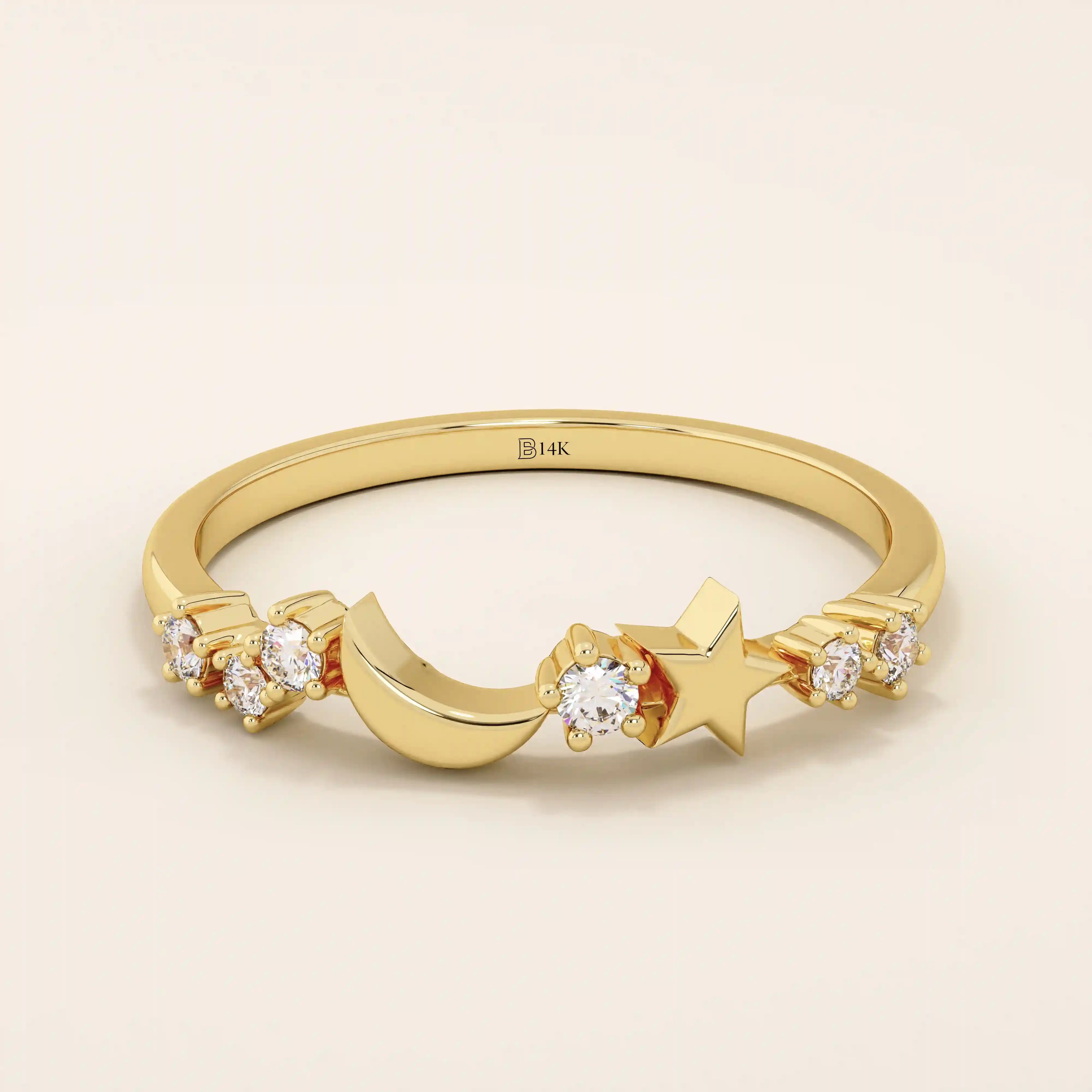 14k solid gold crescent moon and star tiny moissanite stacking wedding ring for women