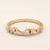 14k solid gold crescent moon and star tiny moissanite stacking wedding ring for women
