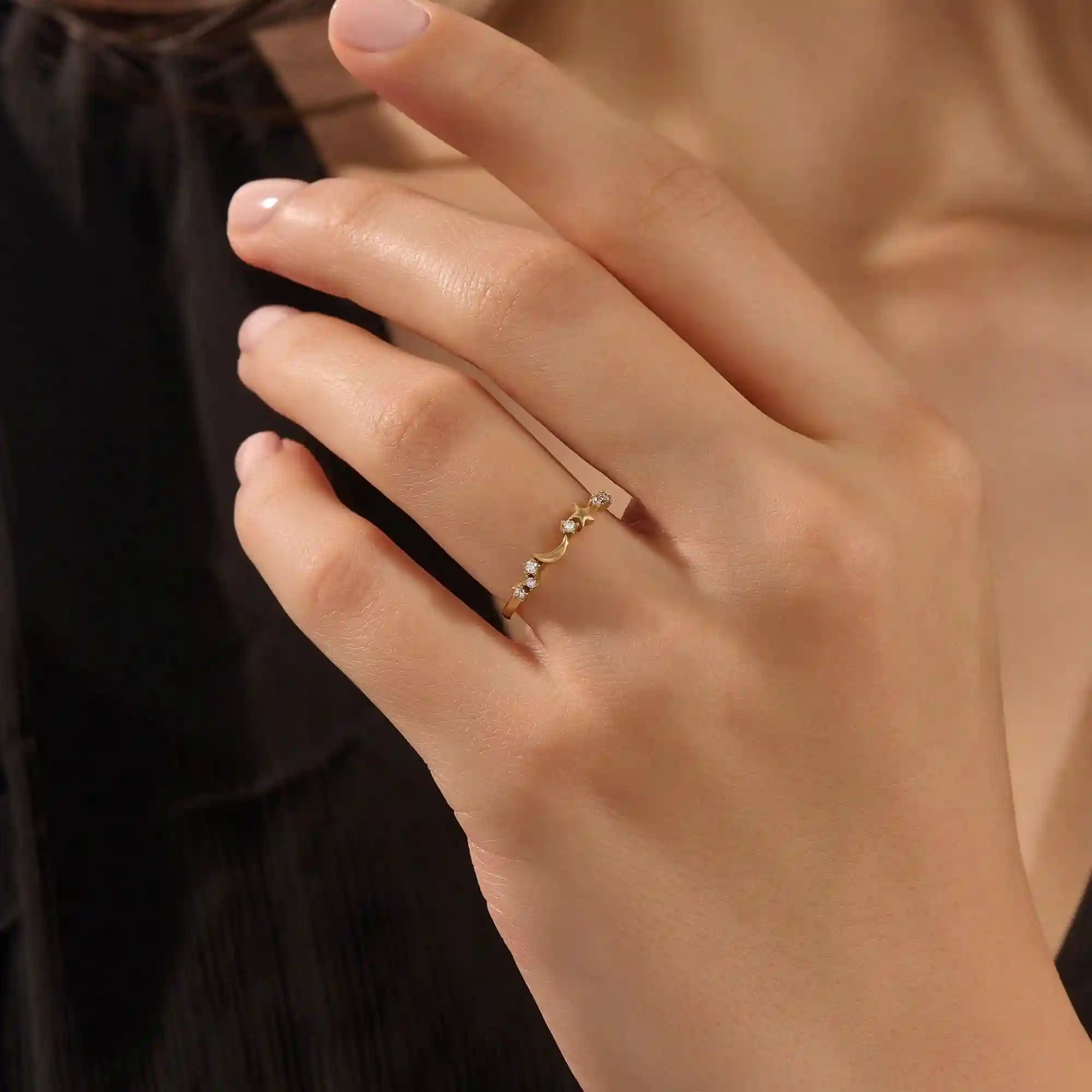 14k solid gold crescent moon and star tiny moissanite stacking wedding ring for women