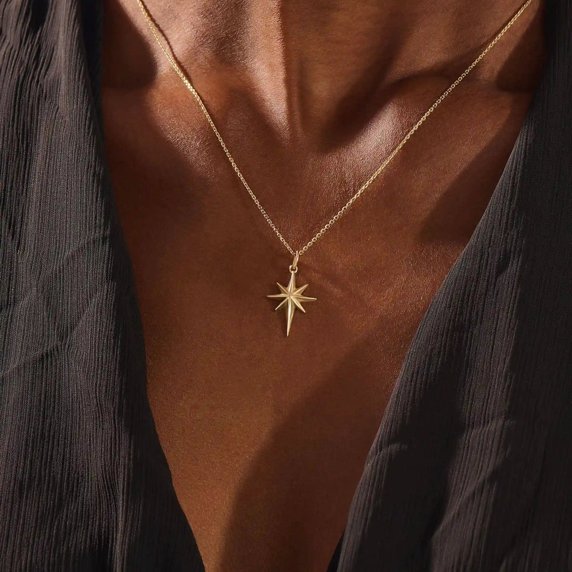 14k solid gold north star burst pendant necklace for women