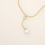 14k solid gold y lariat necklace with bezel set moissanite and freshwater pearl for women