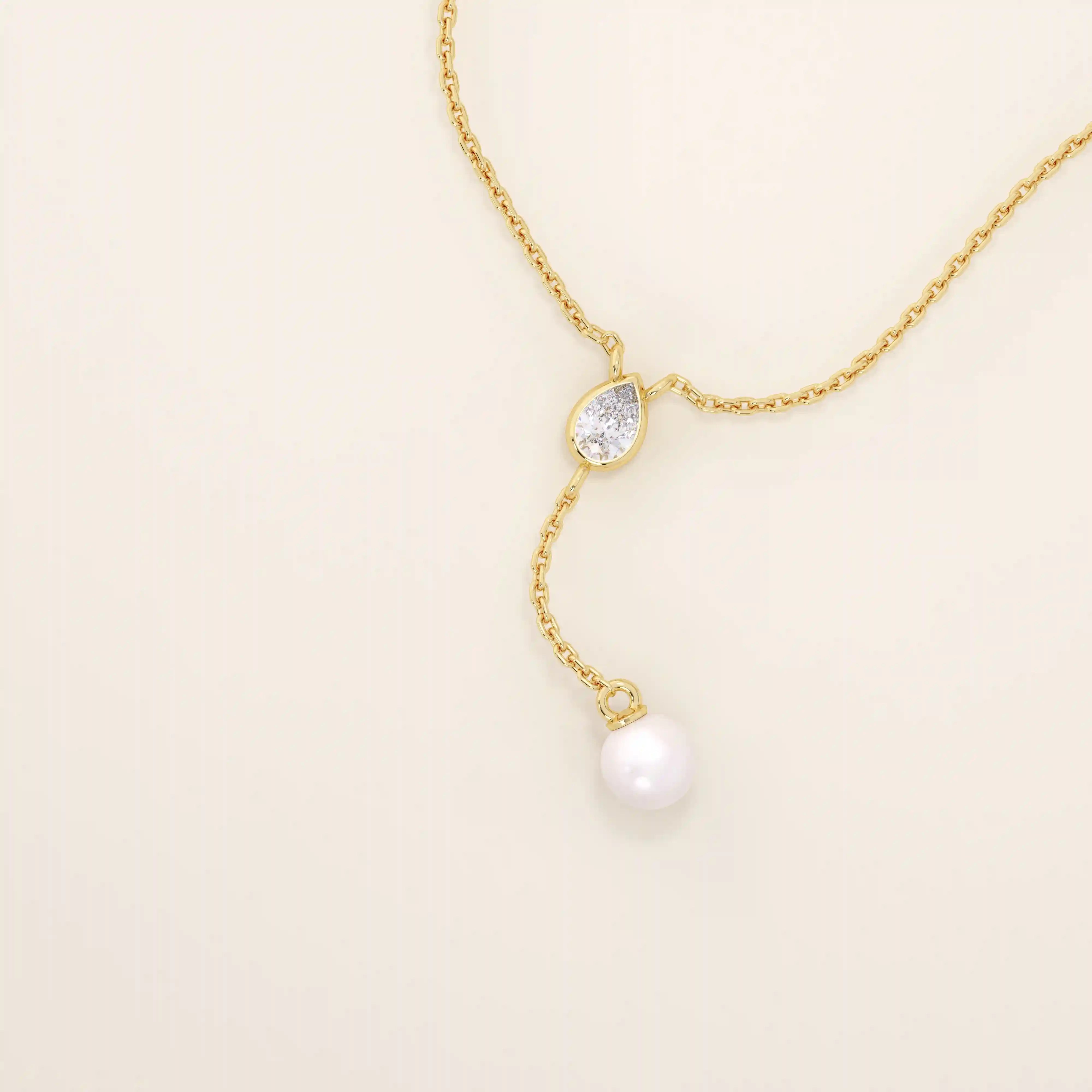 14k solid gold y lariat necklace with bezel set moissanite and freshwater pearl for women