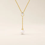14k solid gold y lariat necklace with bezel set moissanite and freshwater pearl for women