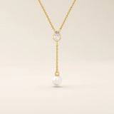 14k solid gold y lariat necklace with bezel set moissanite and freshwater pearl for women