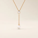 14k solid gold y lariat necklace with bezel set moissanite and freshwater pearl for women