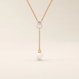 14k solid gold y lariat necklace with bezel set moissanite and freshwater pearl for women