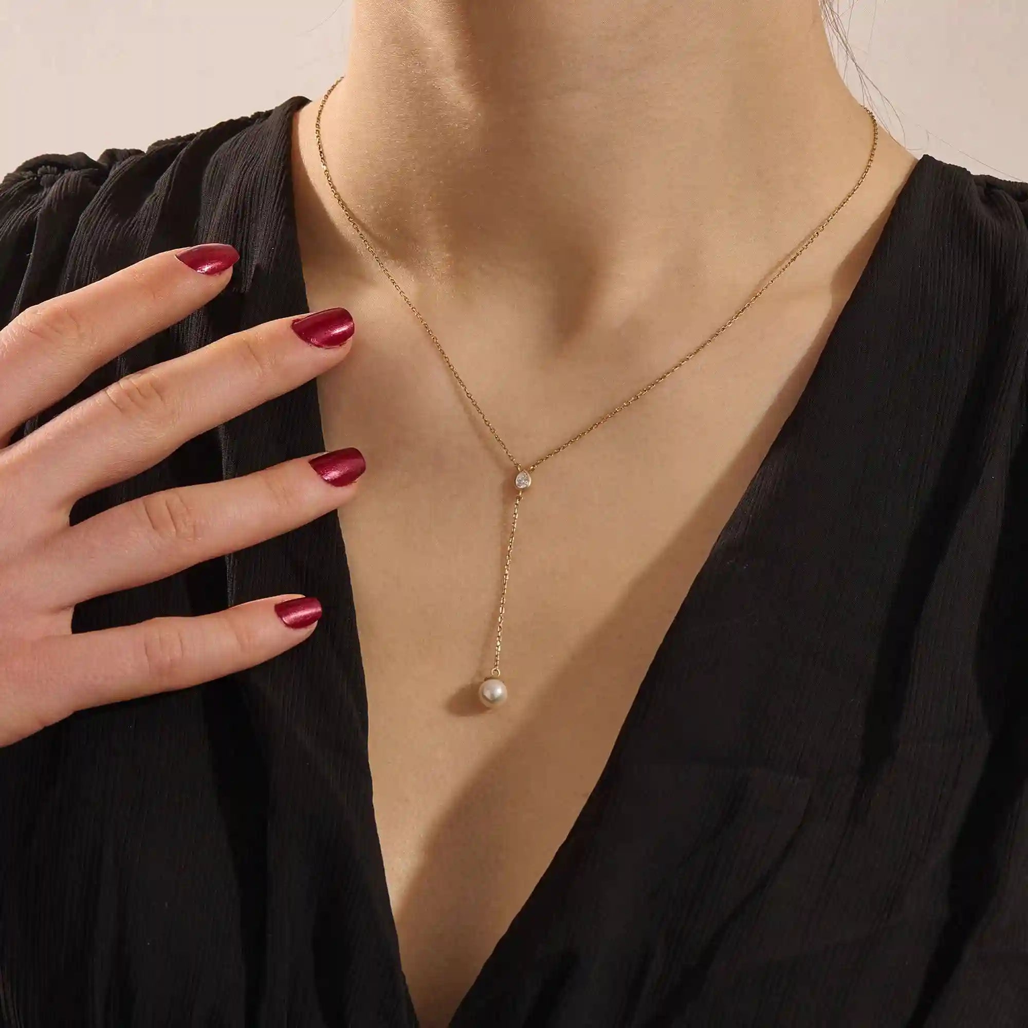 14k solid gold y lariat necklace with bezel set moissanite and freshwater pearl for women