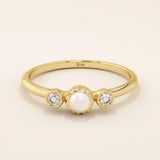 14k solid gold small freshwater pearl engagement ring with tiny moissanite side stones for women