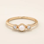 14k solid gold small freshwater pearl engagement ring with tiny moissanite side stones for women