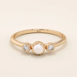 14k solid gold small freshwater pearl engagement ring with tiny moissanite side stones for women