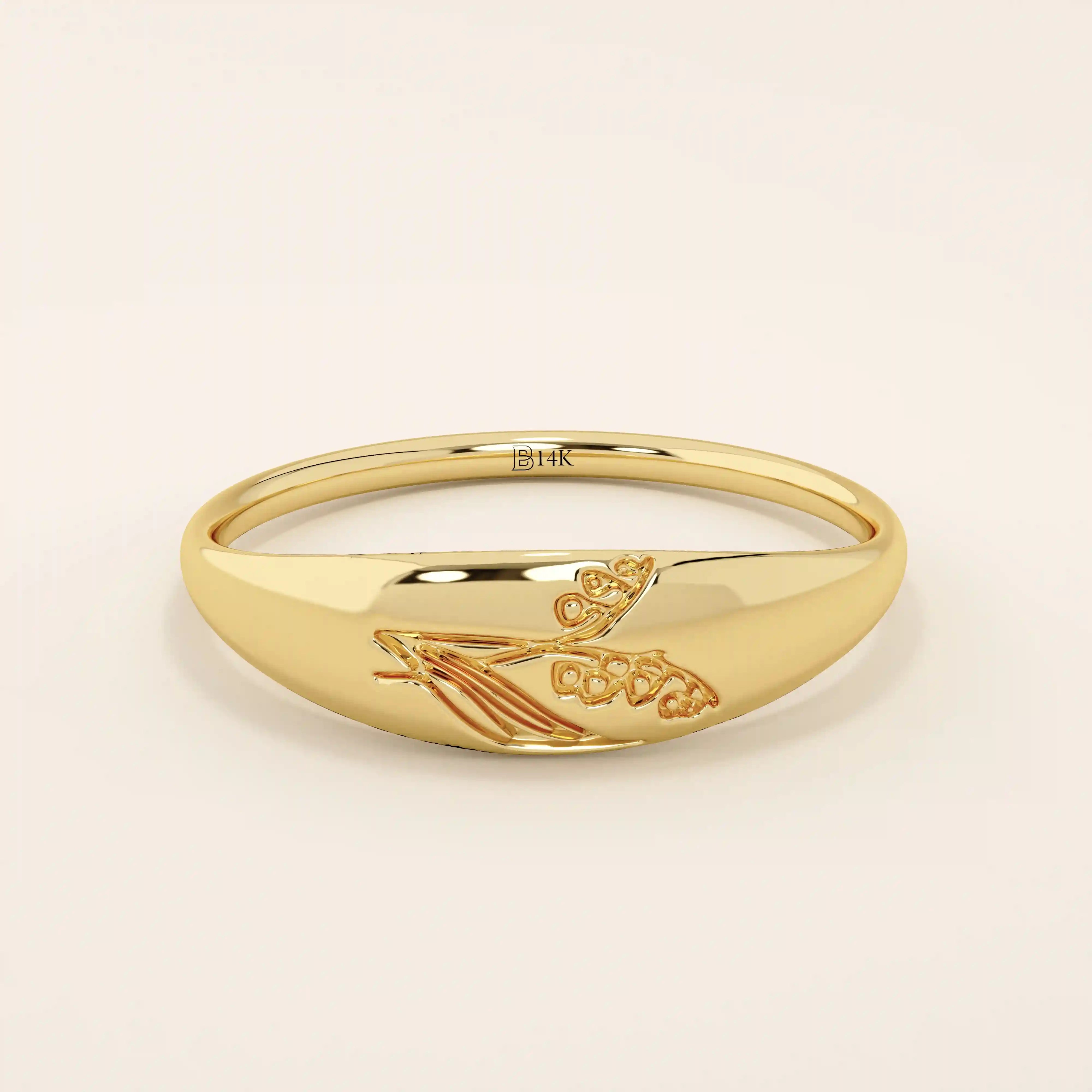 14k solid gold small signet ring with engraved birth flower