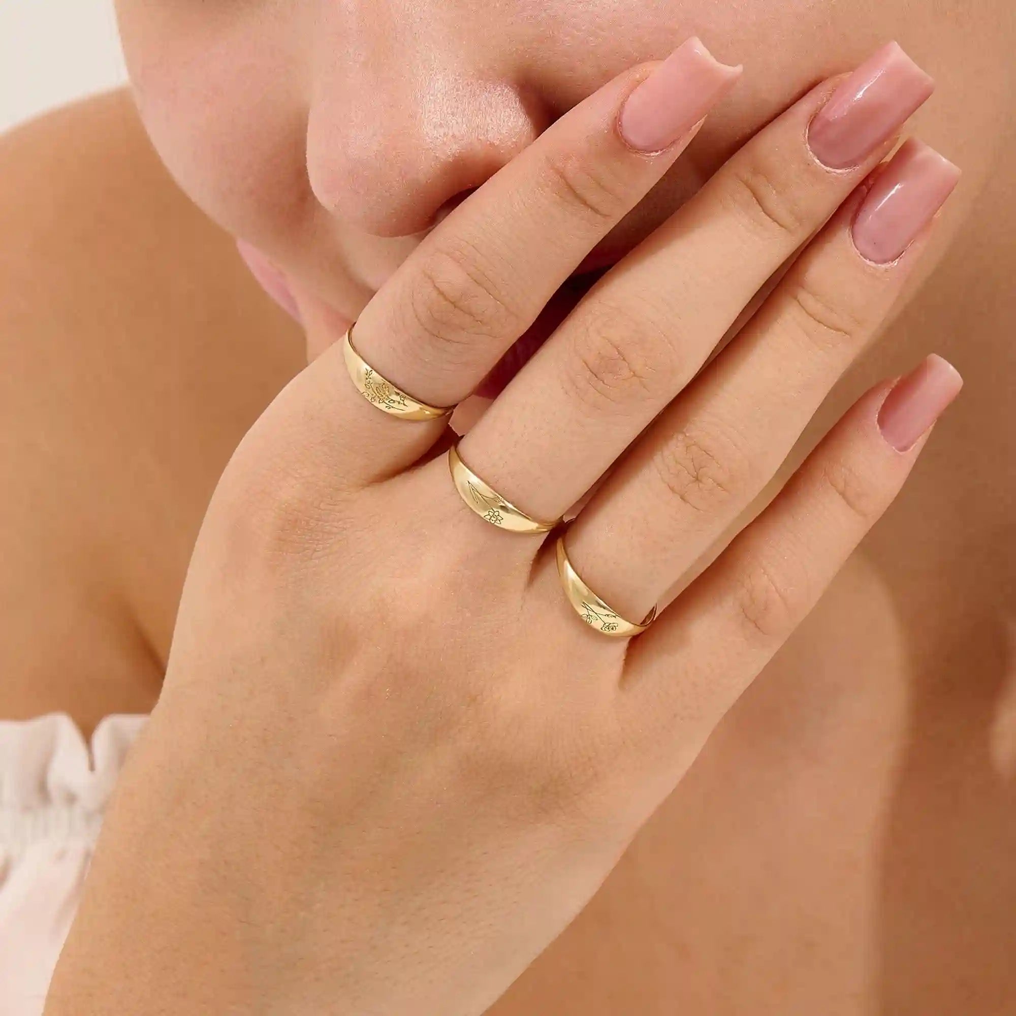 14k solid gold small signet ring with engraved birth flower