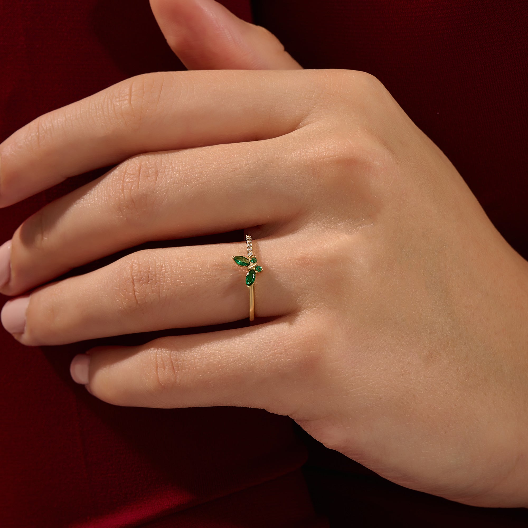 14k solid gold emerald marquise butterfly stacking ring with tiny moissanite for women