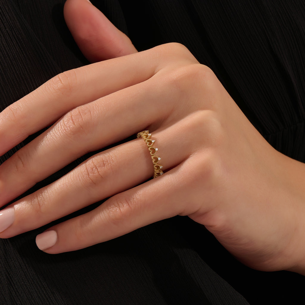 14K SOLID GOLD HALF ETERNITY MILGRAIN HEART STACKING RING FOR WOMEN