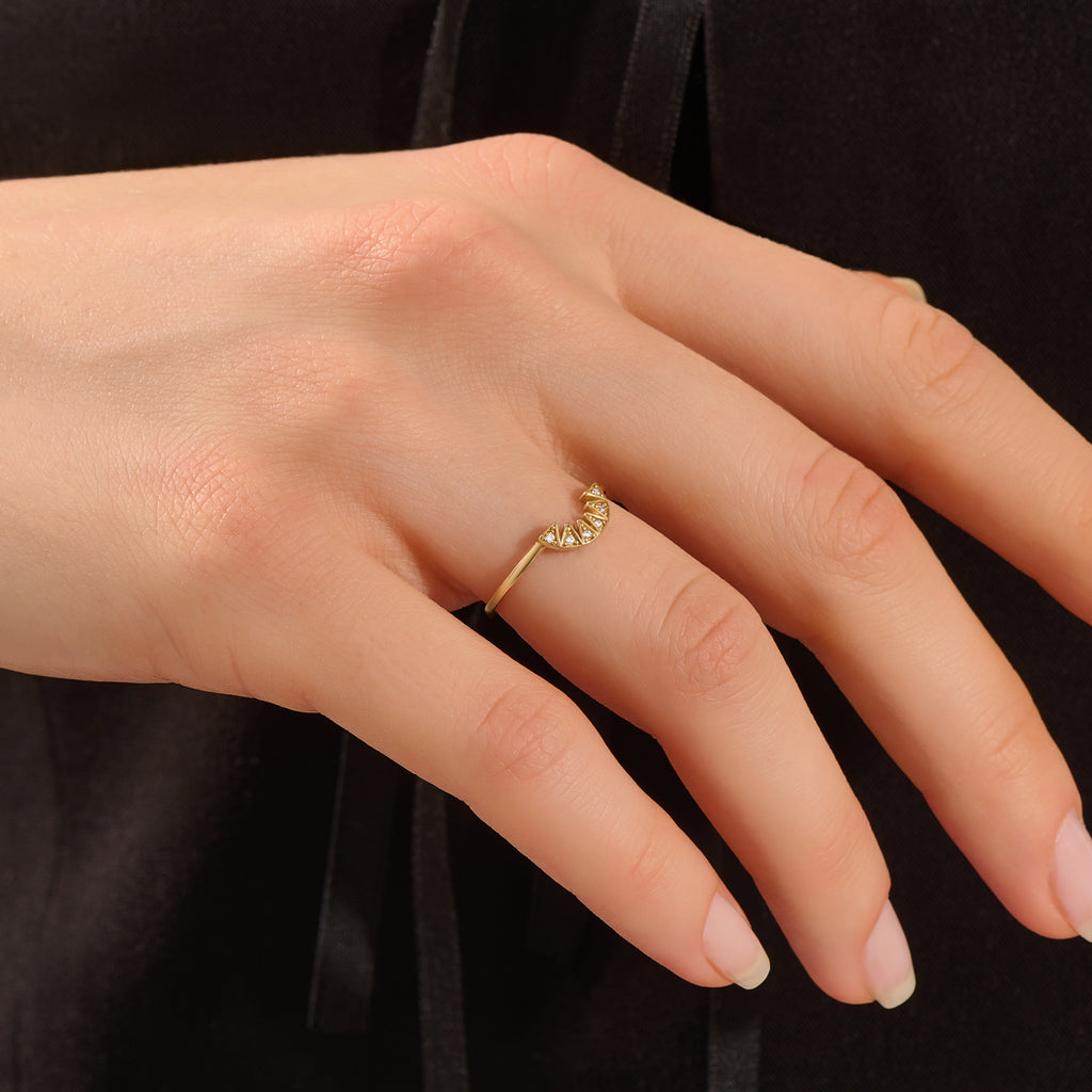 14k solid gold curve half circle pave moissanite stacking ring for women