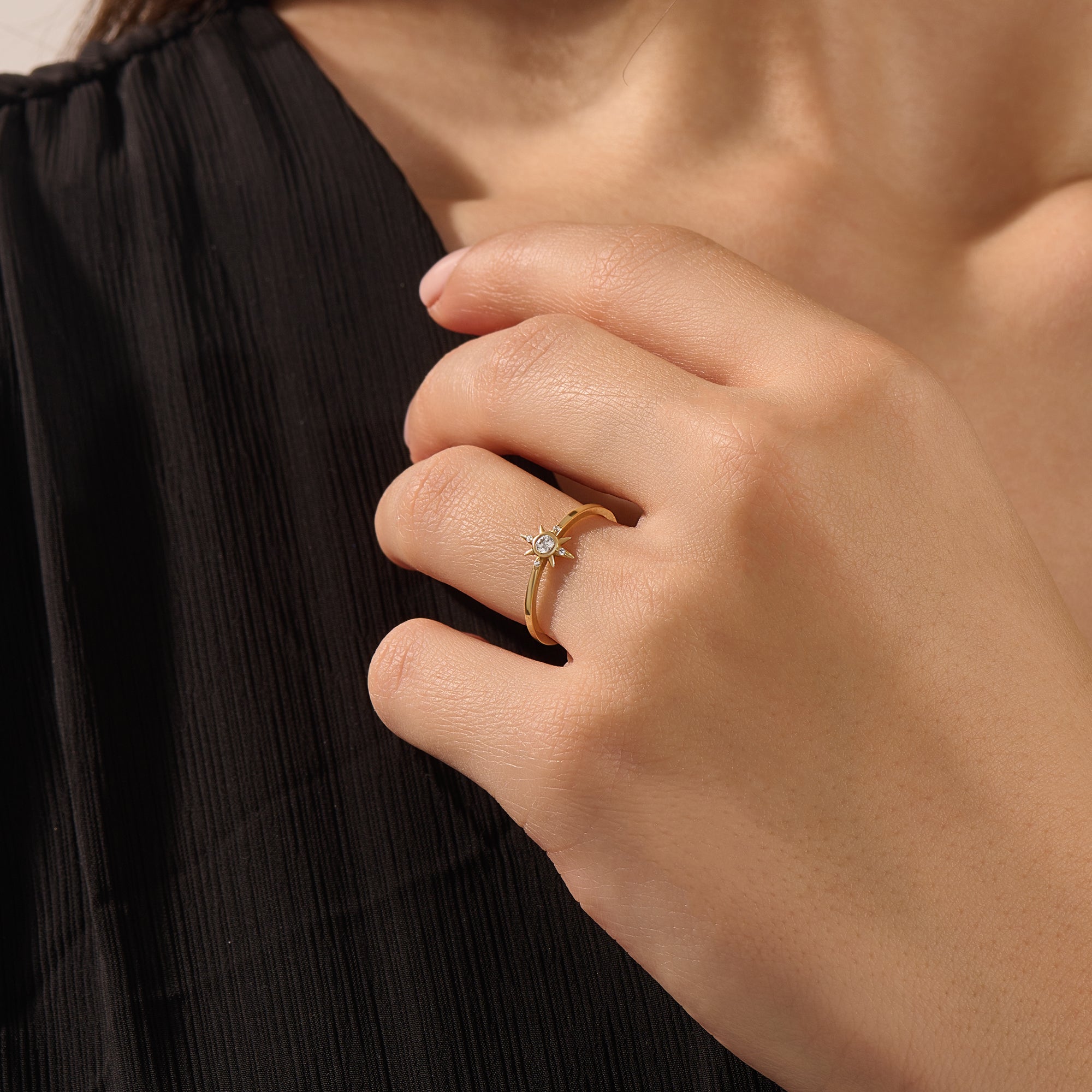 14K SOLID GOLD STARBURST CELESTIAL SOLITAIRE NORTHSTAR STATEMENT RING FOR WOMEN