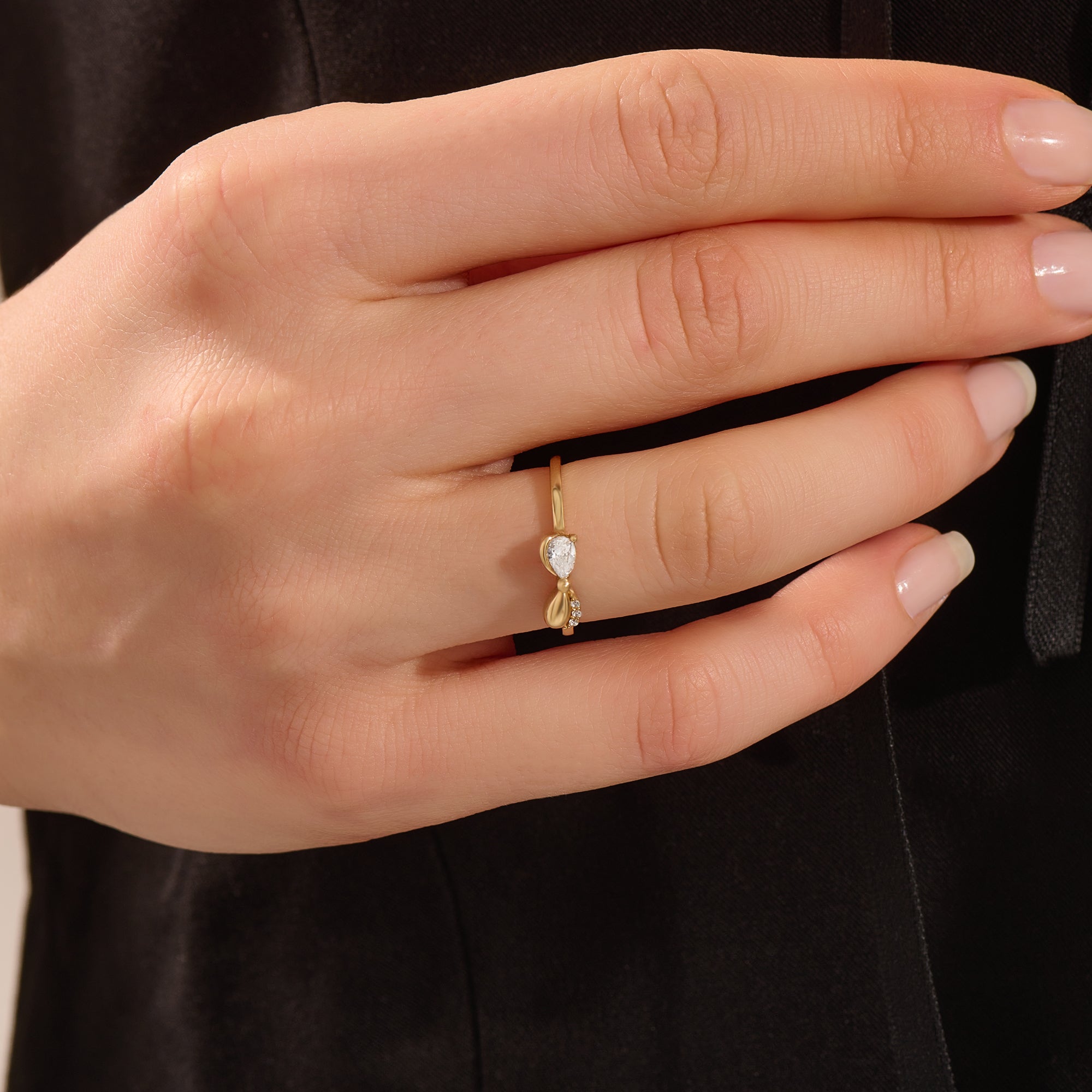 14k solid gold ribbon shape stackable wedding ring with pear moissanite for women