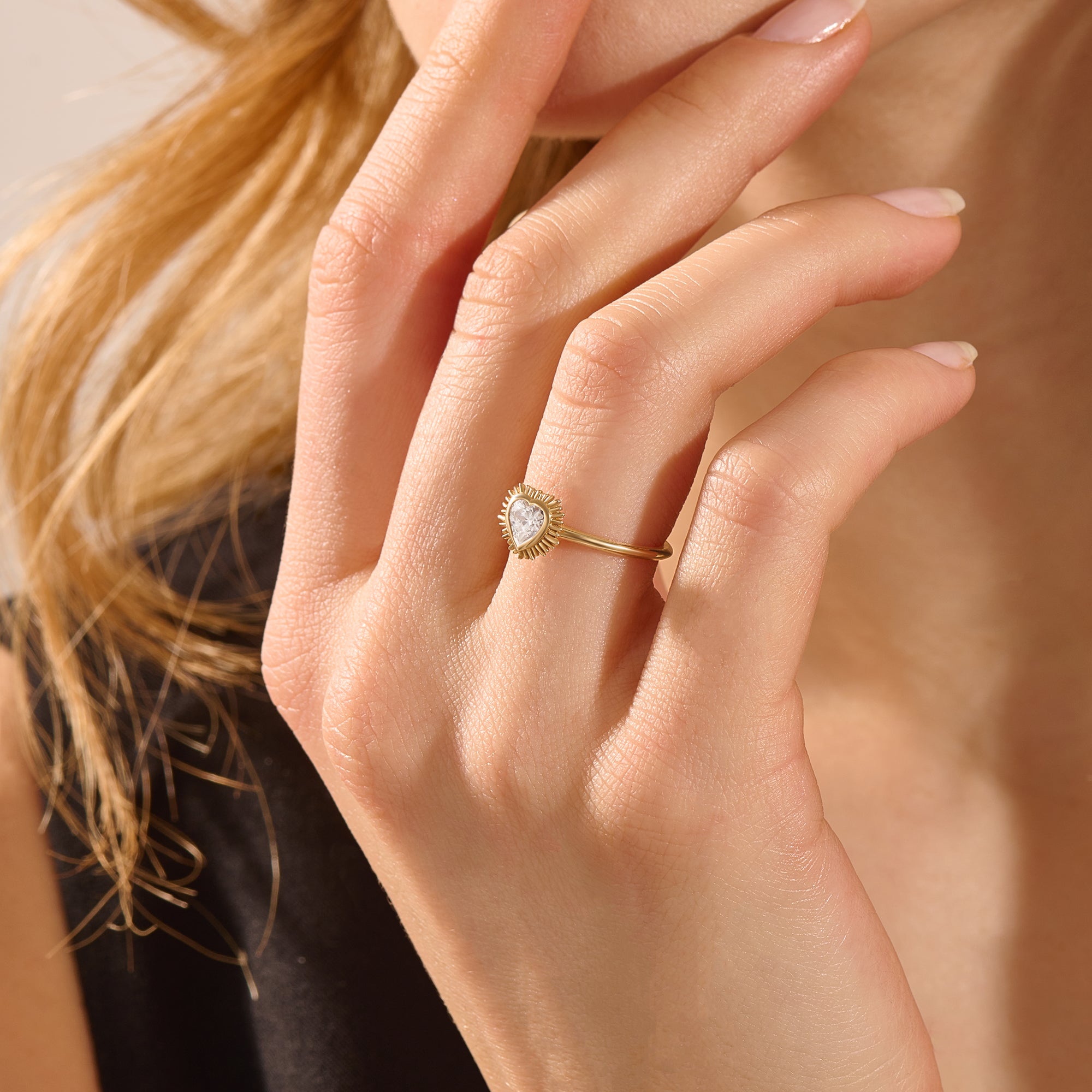 14k solid gold 5mm heart cut moissanite bezel solitaire statement ring for women