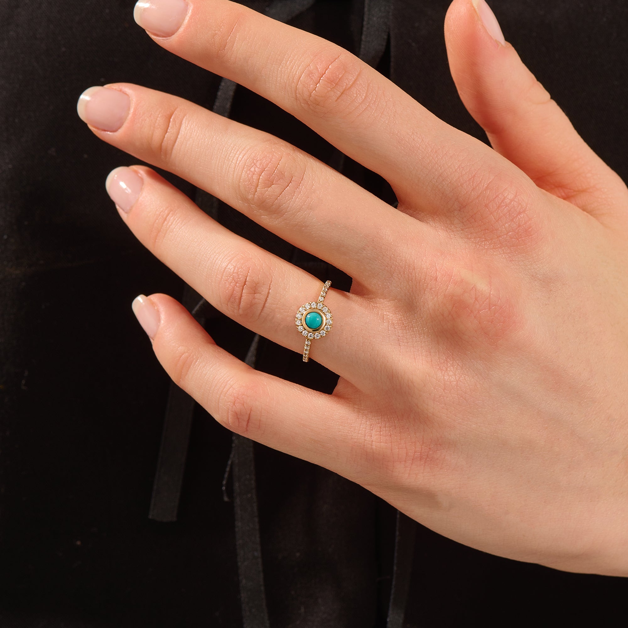 14k solid gold turquoise and moissanite stones halo engagement ring for women