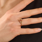 14K ENGAGEMENT RING  with a marquise Padparadscha Sapphire, complemented by pear-cut olive green sapphire and sparkling moissanite stones FOR WOMEN