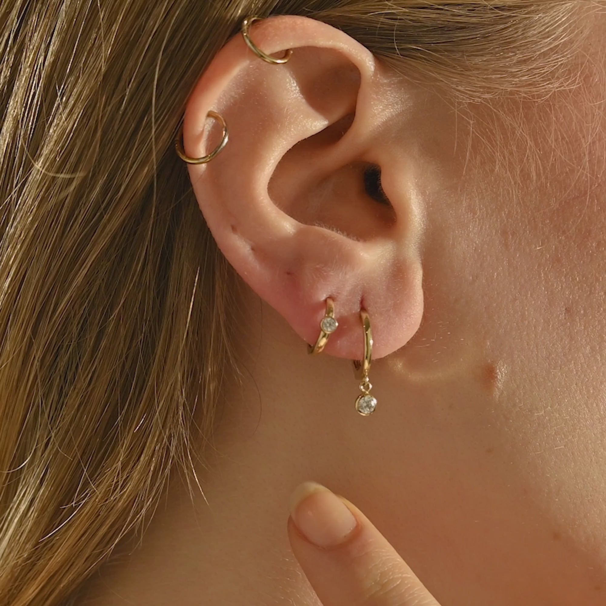 14K SOLID GOLD BEZEL ROUND DANGLING HOOP EARRINGS FOR WOMEN