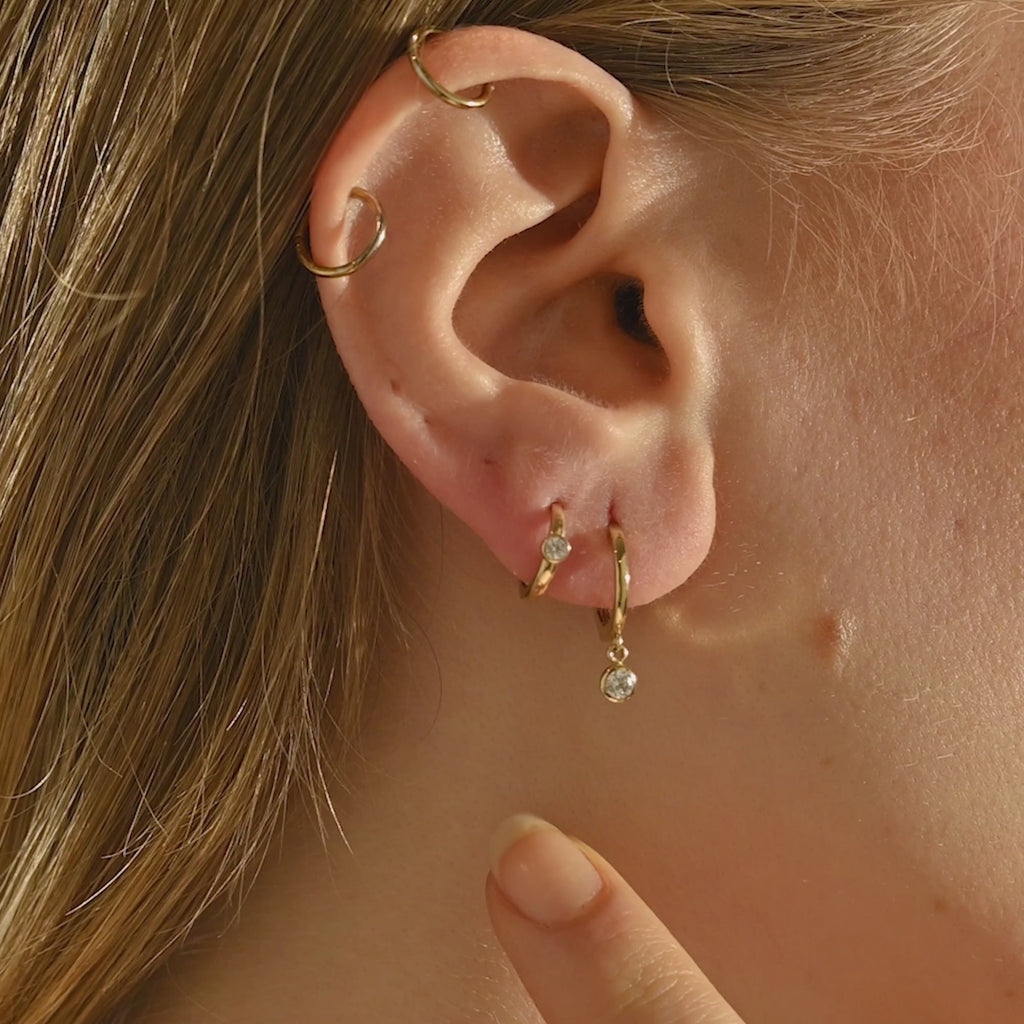 14K SOLID GOLD BEZEL ROUND DANGLING HOOP EARRINGS FOR WOMEN