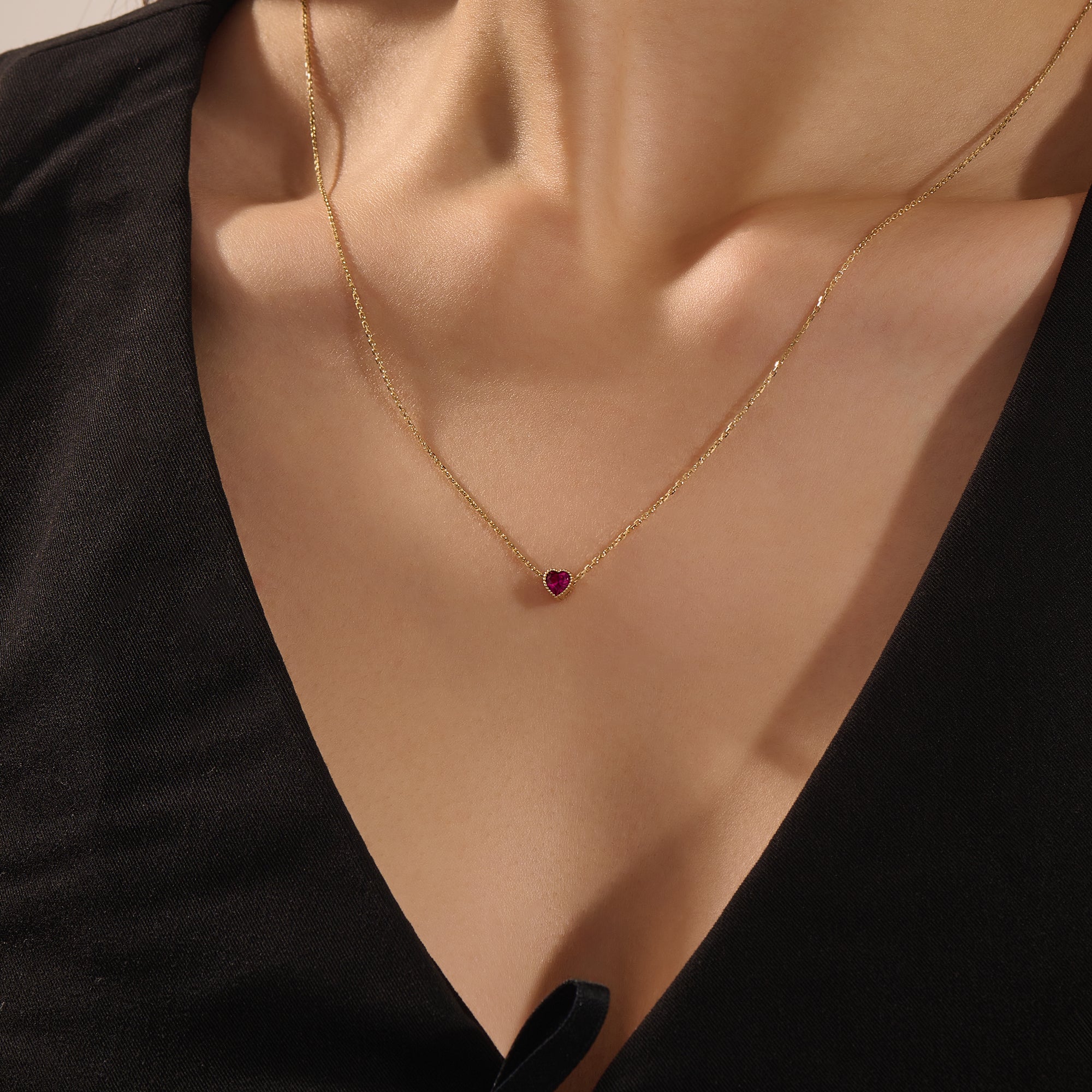 14K SOLID GOLD PINK HEART SHAPE MOVING CHARM NECKLACE FOR WOMEN