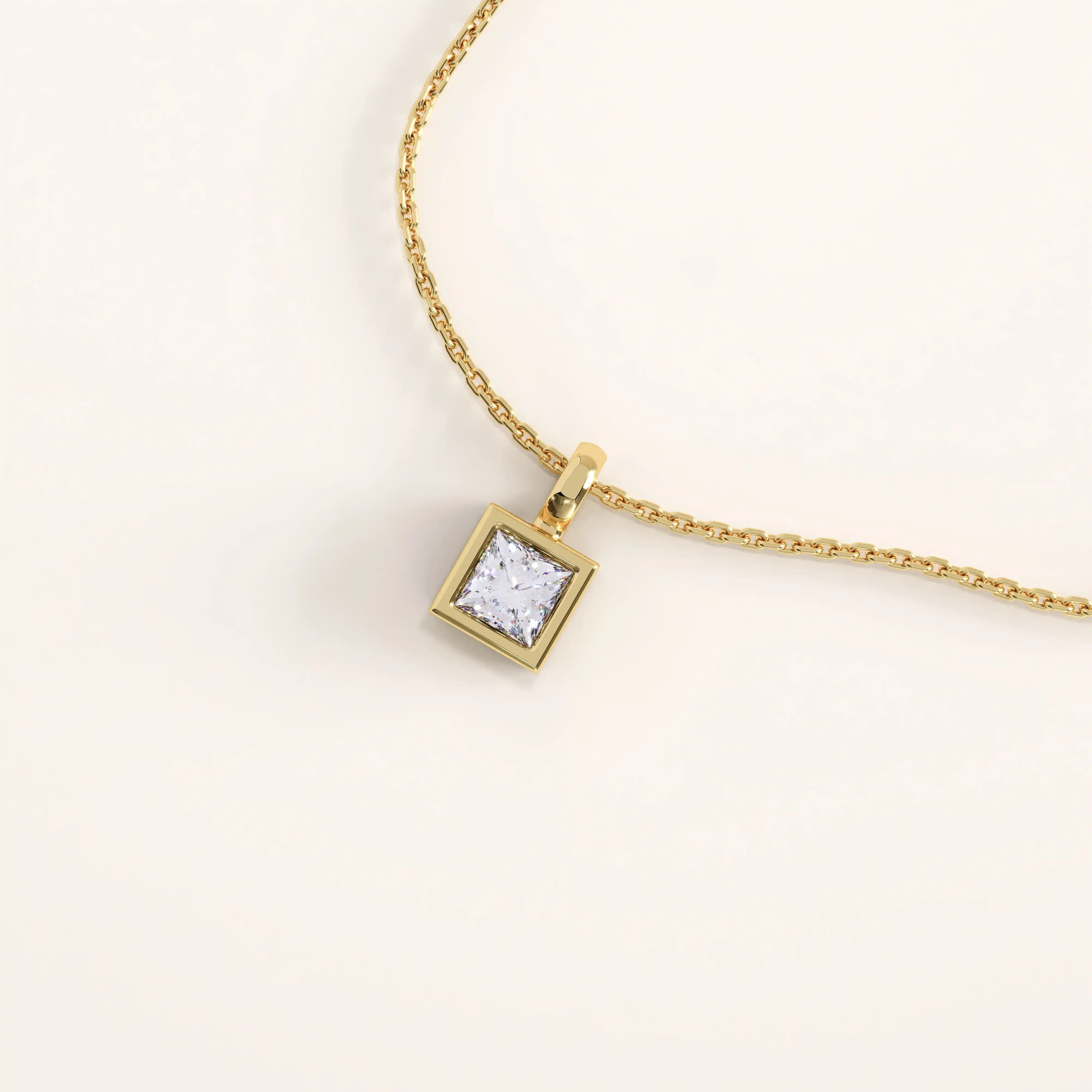 14k gold vermeil princess solitaire necklace featuring a square-cut cubic zirconia set in a sleek bezel frame for a modern, timeless look.
