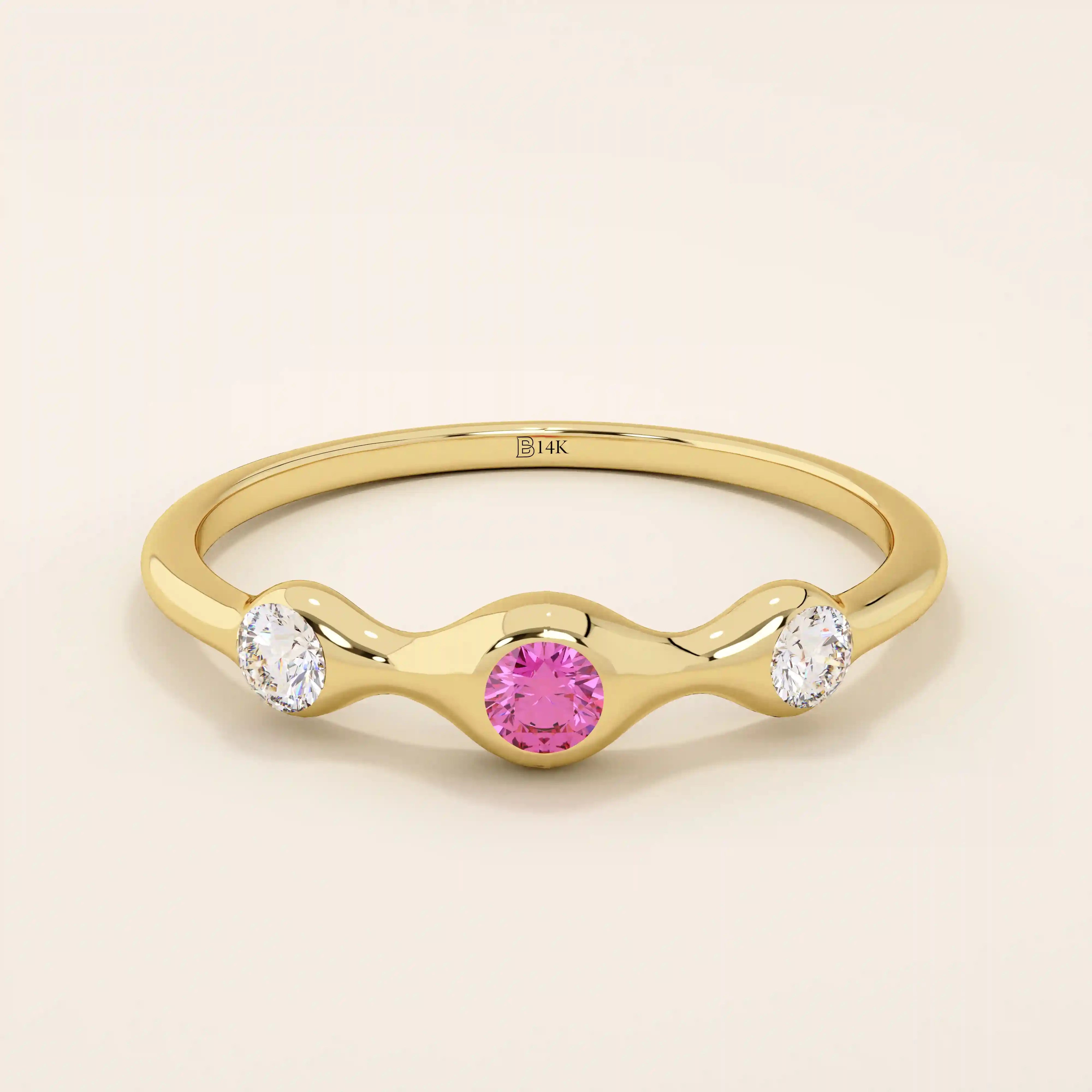 stacking wedding ring with a sparkling lab-grown ruby birthstone with moissanite stones each securely set in a bezel in 14k solid gold for women