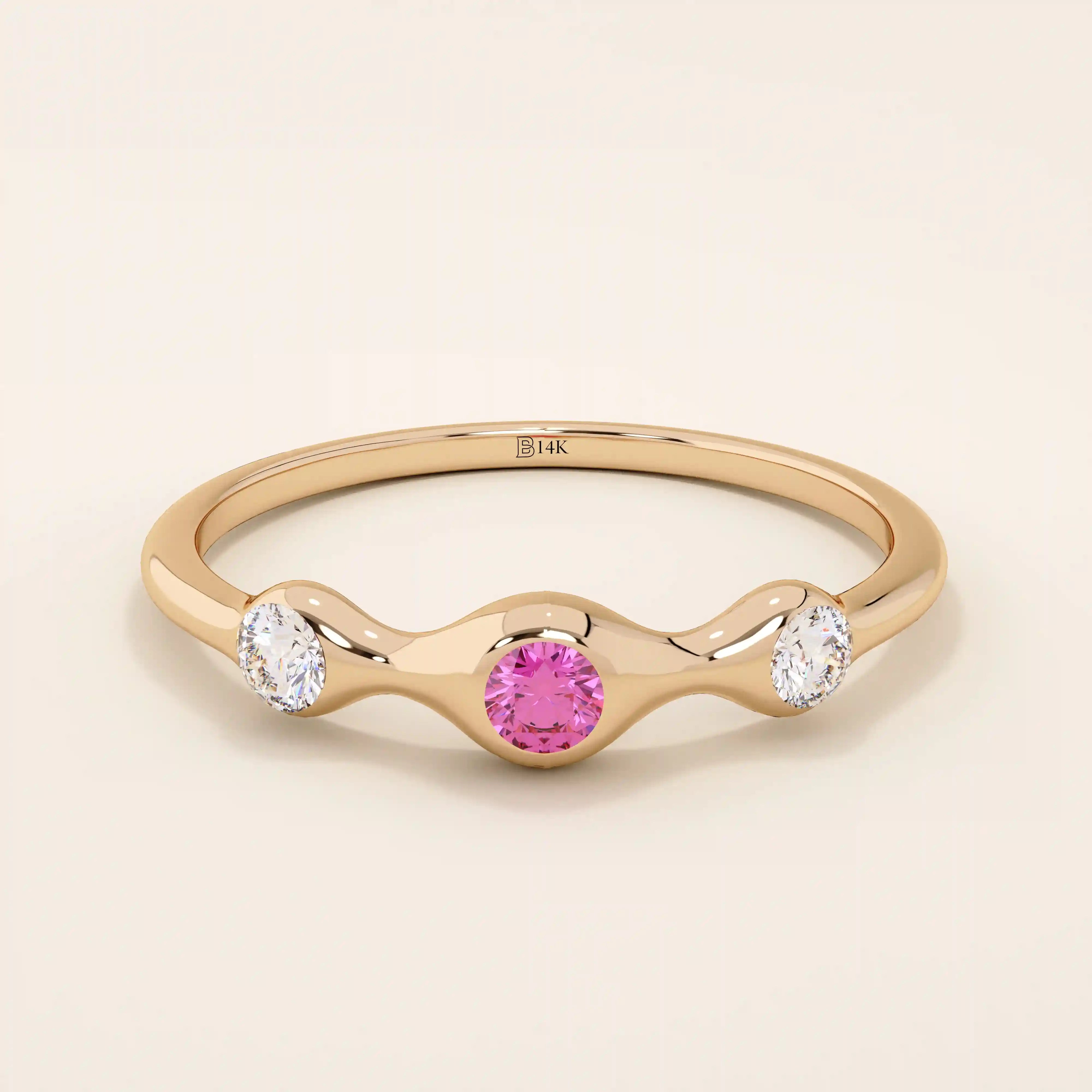 stacking wedding ring with a sparkling lab-grown ruby birthstone with moissanite stones each securely set in a bezel in 14k solid gold for women