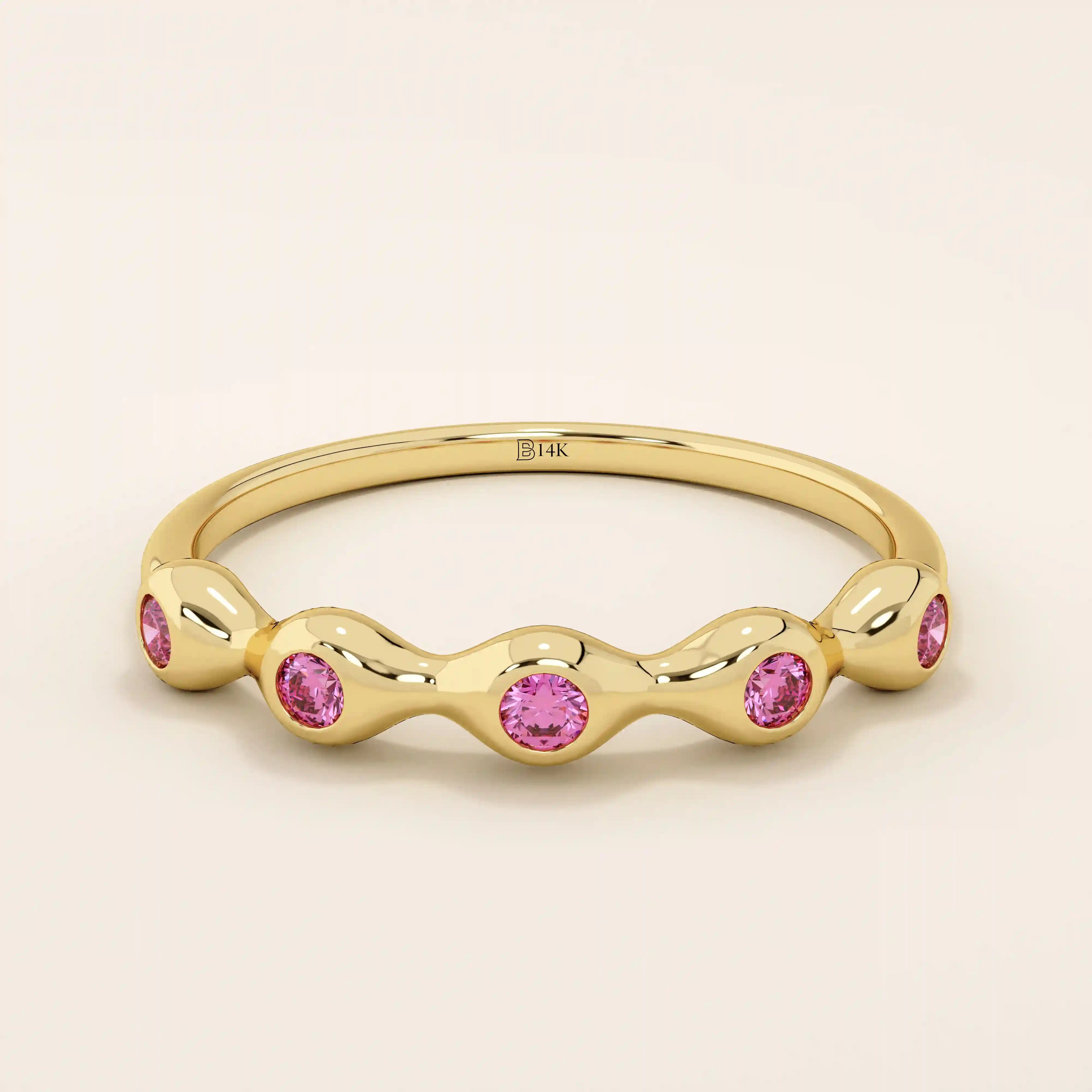5 lab grown pink ruby birthstones in bezel set stackable wedding ring in 14k solid gold for women