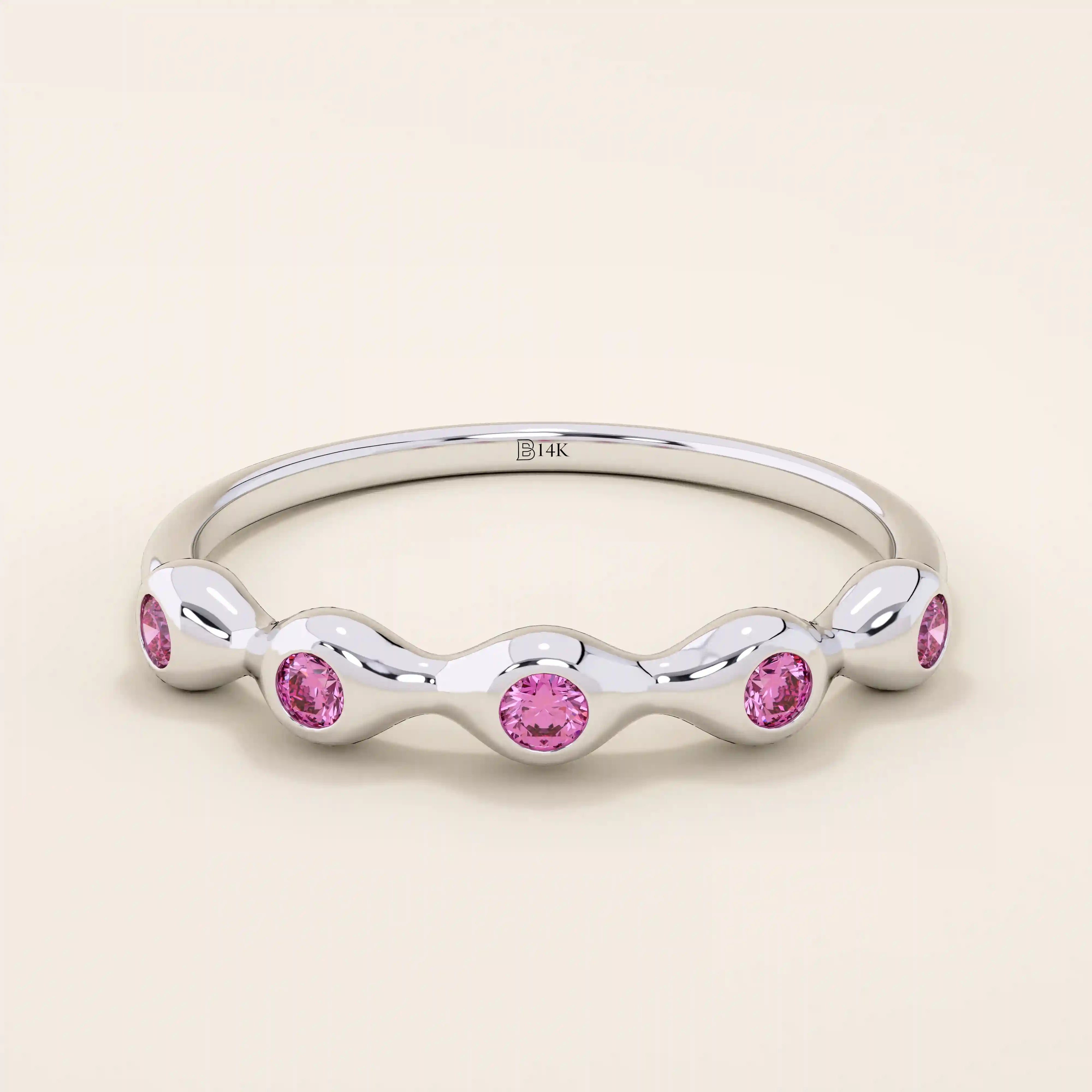 5 lab grown pink ruby birthstones in bezel set stackable wedding ring in 14k solid gold for women