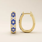 pave SAPPHIRE blue white cz FLOWER pattern HOOP EARRINGS in gold