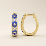 pave SAPPHIRE blue white cz FLOWER pattern HOOP EARRINGS in gold