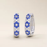 pave SAPPHIRE blue white cz FLOWER pattern HOOP EARRINGS in gold