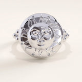 Silver vermeil boho sun ring with detailed sunburst face design and sparkling cubic zirconia stones, perfect for celestial jewelry lovers.
