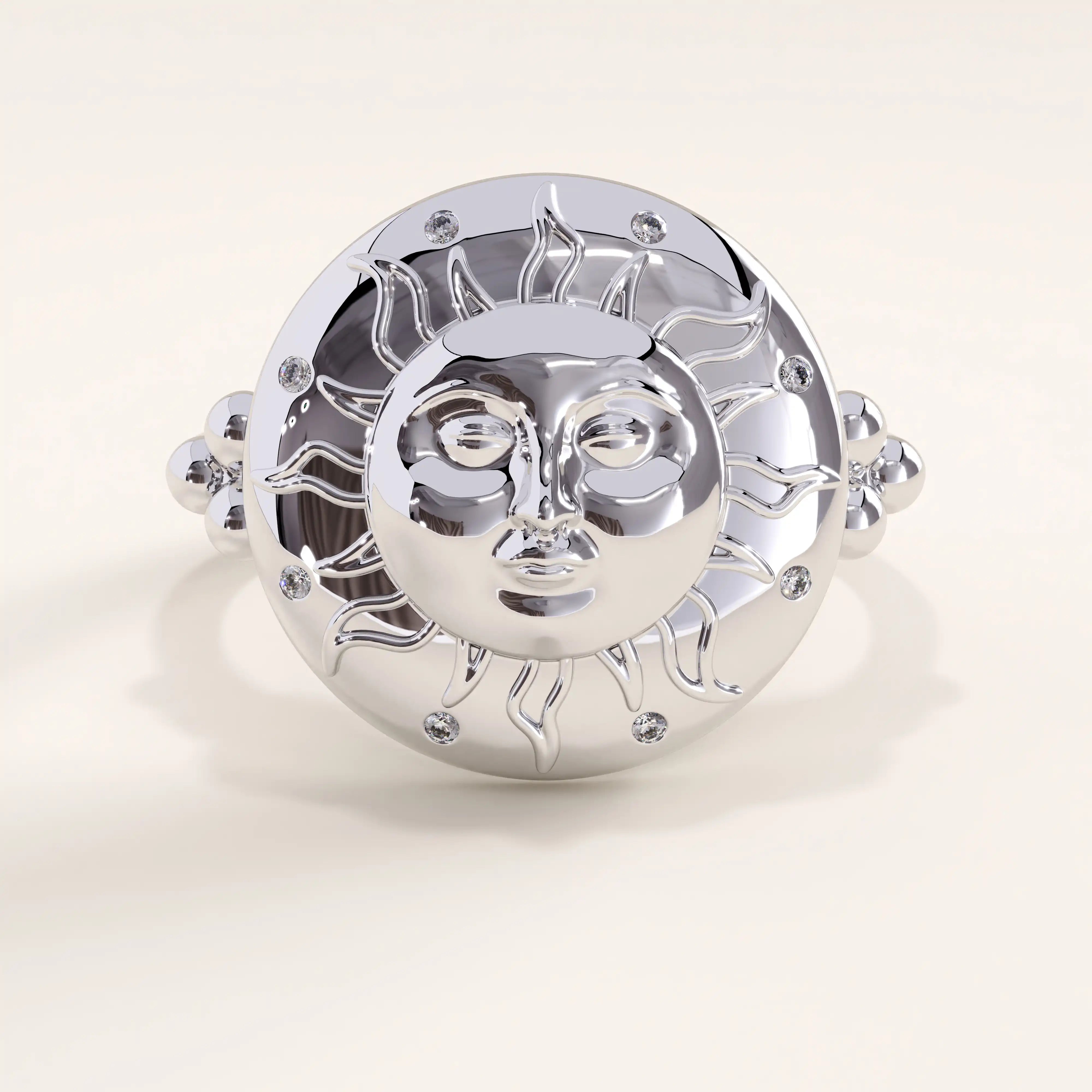 Silver vermeil boho sun ring with detailed sunburst face design and sparkling cubic zirconia stones, perfect for celestial jewelry lovers.
