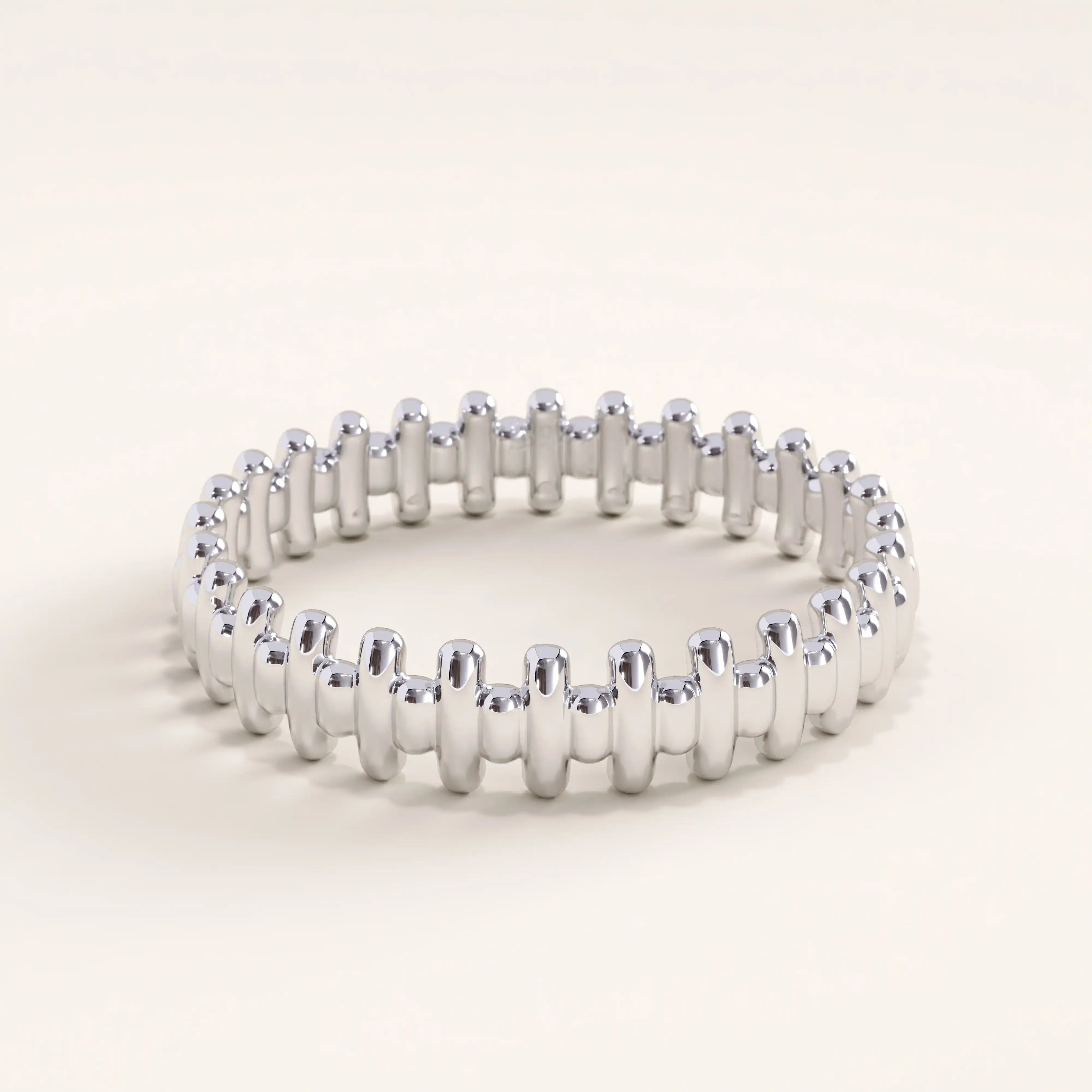 Silver vermeil striped ring with a sleek repeating ridge design and glossy finish, perfect for stacking or wearing solo for minimalist style.
