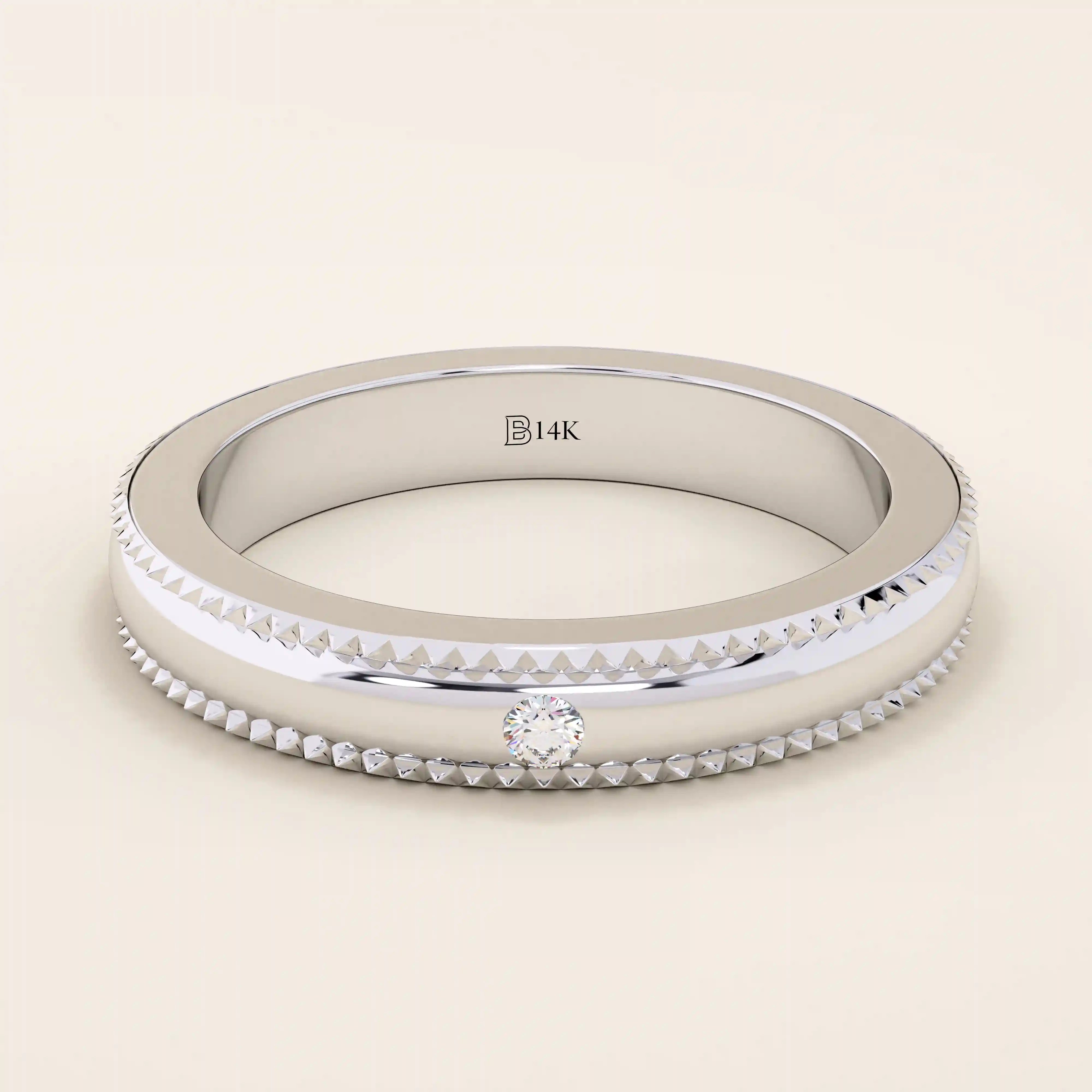 14k solid gold unisex design milgrain plain SLIM band solo moissanite alliance wedding band