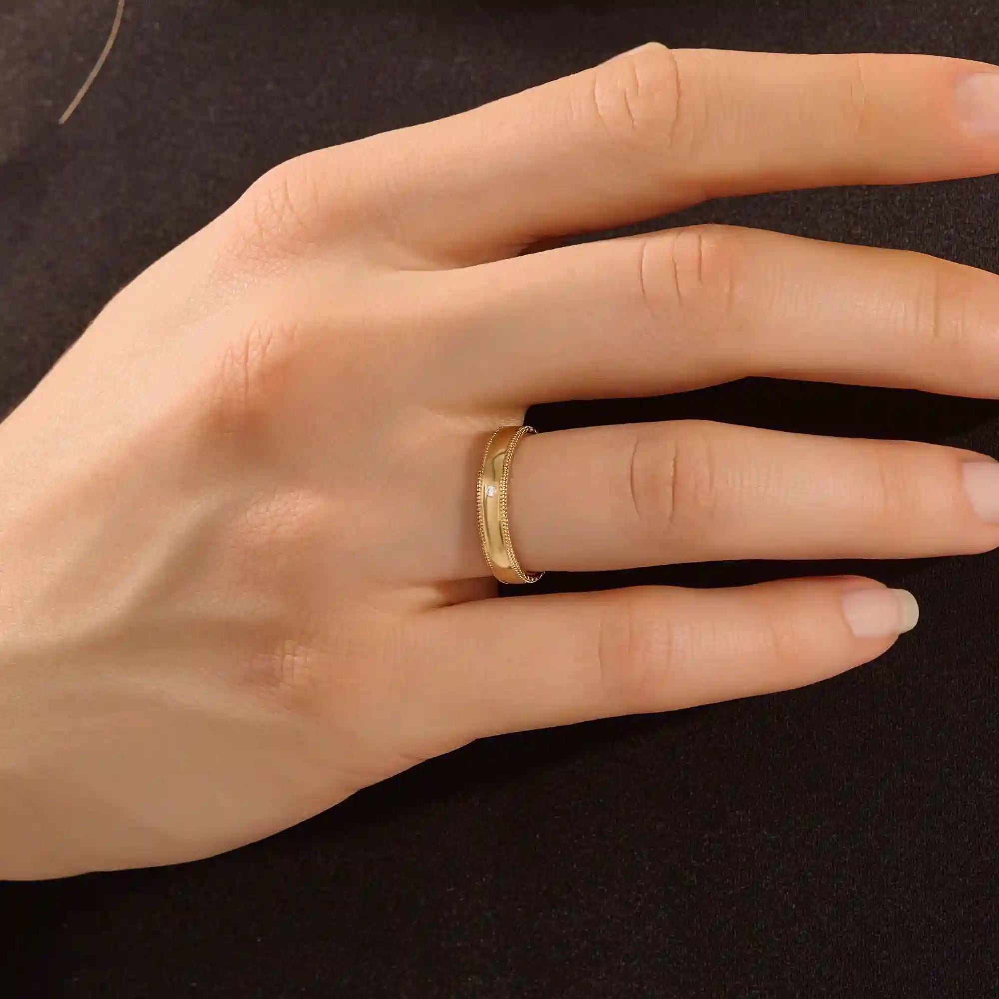 14k solid gold unisex design milgrain plain band solo moissanite alliance wedding band