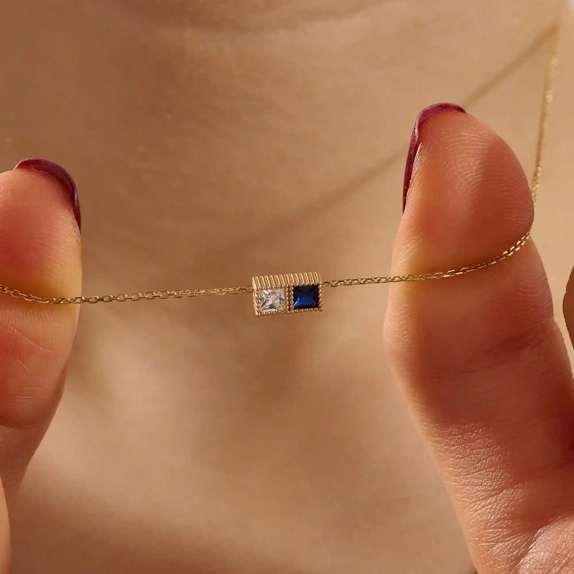 14k solid gold double princess square birthstone moving charm necklace for women
