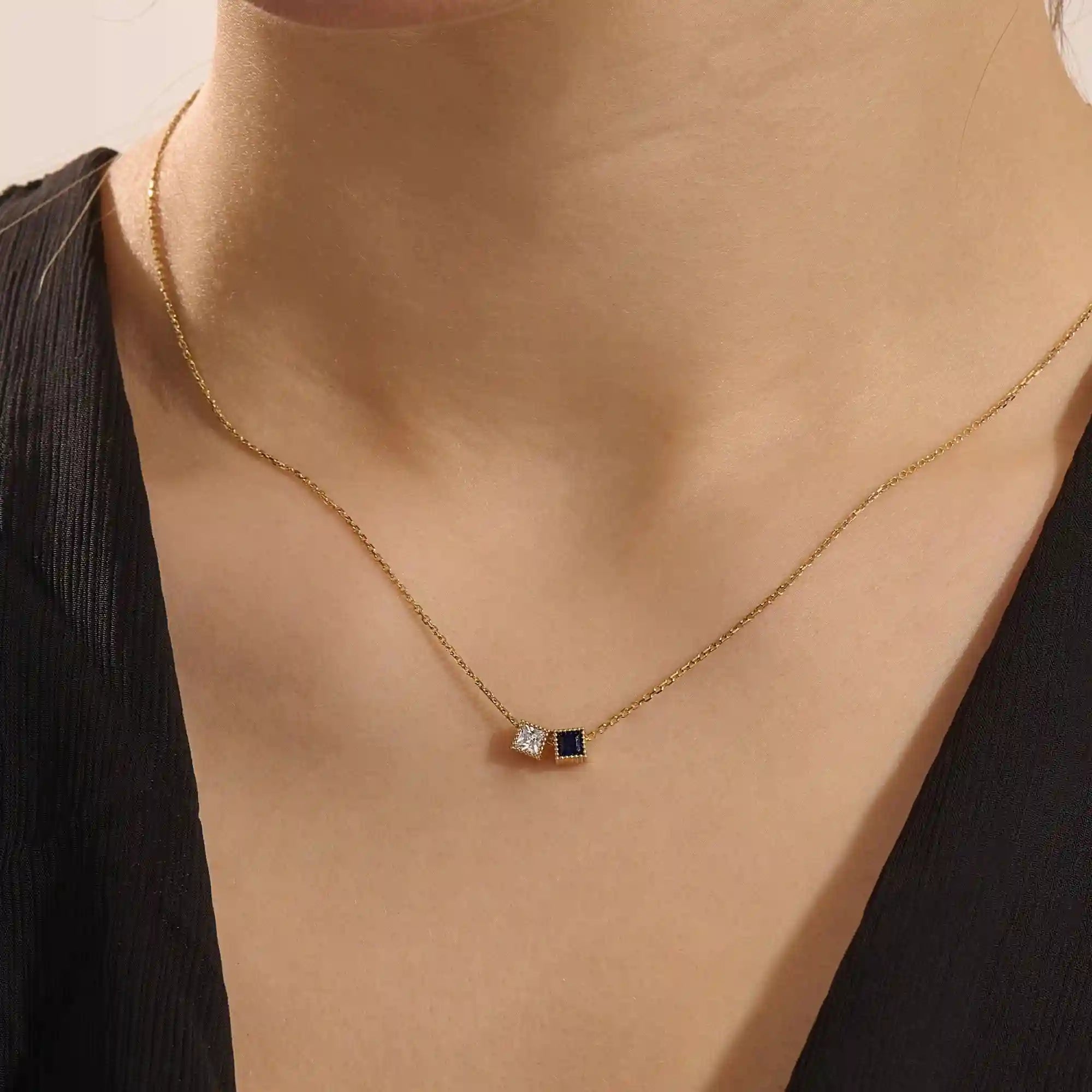 14k solid gold double princess square birthstone moving charm necklace for women